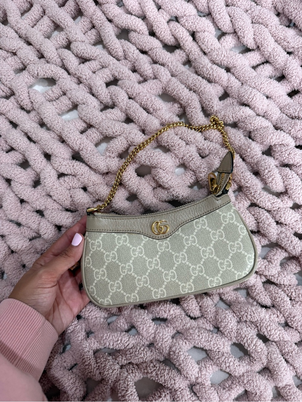 Gucci Beige Monogram Mini Bag with Gold Chain Detail